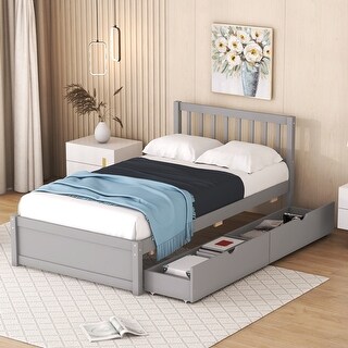 Twin Size Wooden Platform Bed with Two Underbed Storage Drawers, Durable Rubberwood Frame