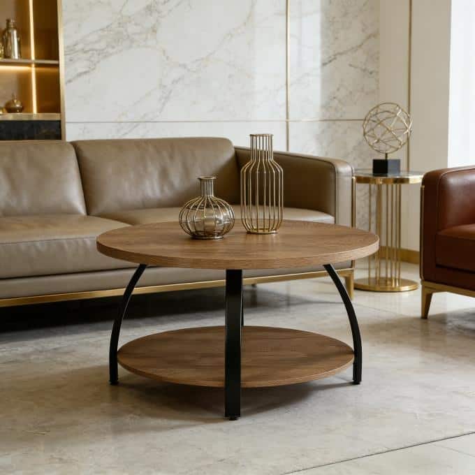 31.5-Inch Round Coffee Table with Storage Shelf for Living Room, Office