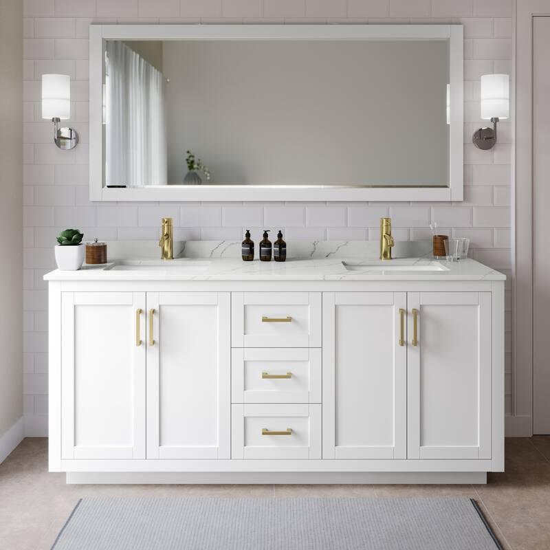 Wyndham Collection WCF292972D-QTZ-UNSMXX Miranda 72" Free Standing - White / Giotto Quartz Top / Brushed Gold Hardware