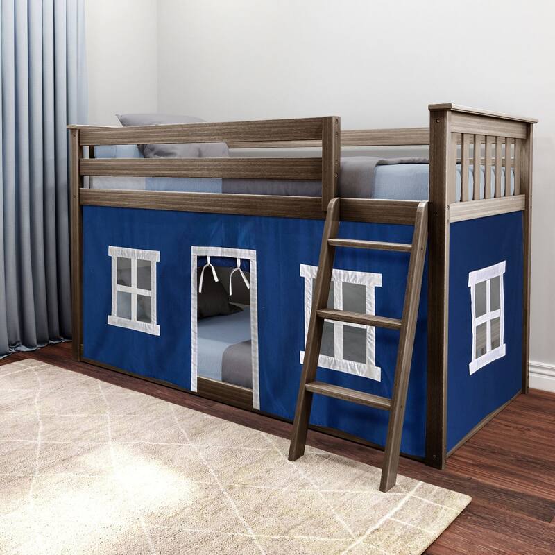 Max and Lily Twin over Twin Low Bunk with Curtains - Clay with Blue/White Curtain