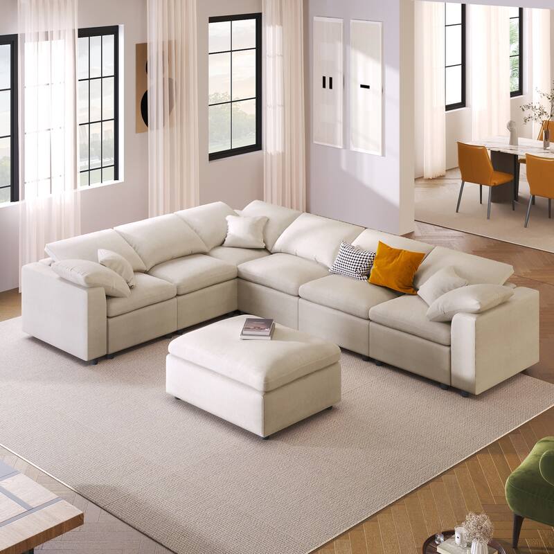 Oversized Modular Sectional Sofa, 7 Seater Corner Sofa, L-Shape Sofa Set with Movable Ottoman, Plush Chenille Fabric Large Sofa