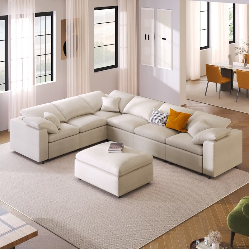 Roomfitters 124.8" 7-Seater Modular Sectional Sofa, Large Modern L-Shaped Upholstered Couch with Ottoman for Living Room, Beige