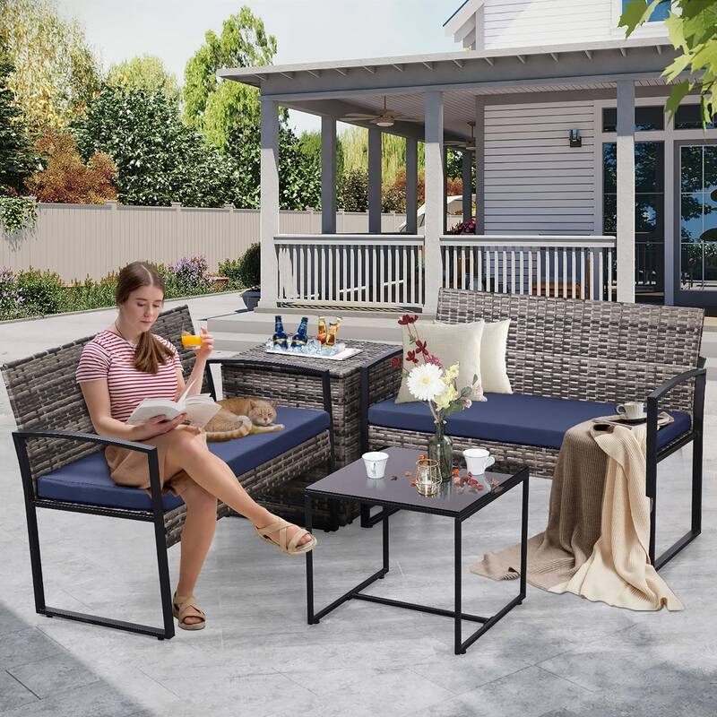 4-Piece Wicker Outdoor Sofa Set, 2 Loveseats, 1 Table, 1 Ice Bucket