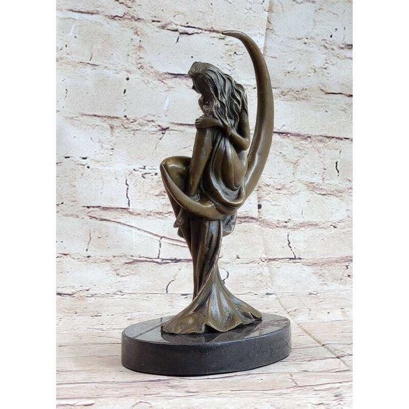 High Life Girl On Crescent Moon Bronze Statue Sculpture Figure 9 Inches X 6 Inches