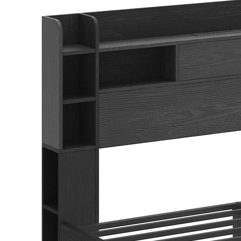 Queen/King Size LED Bed Frame with Bookcase Headboard, 4 Storage Drawers and Charging Station