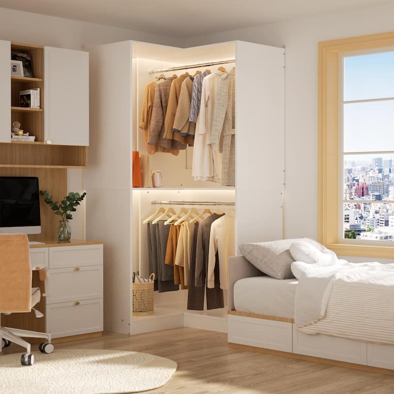Vryon Corner Closet Organizer, Space-saving Closet System with Hanging Rods for Walk-in Closet