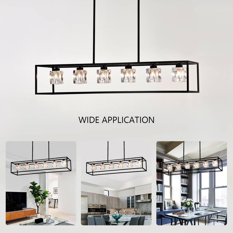 Industrial 6-Light Crystal Farmhouse Chandelier Linear Rectangular Pendant Cage Light, for Dining Room, Kitchen Island, Bar