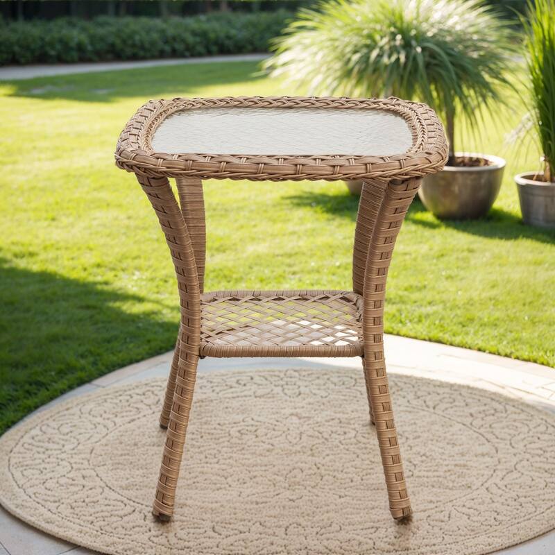 Patio Rattan Wicker Coffee Table with Tempered Glass Top