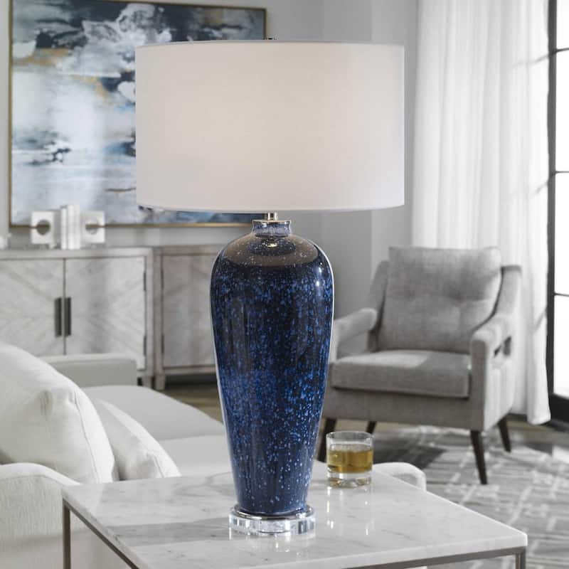 Art Glass Base Table Lamp with White Drum Shade - 31'' - Blue
