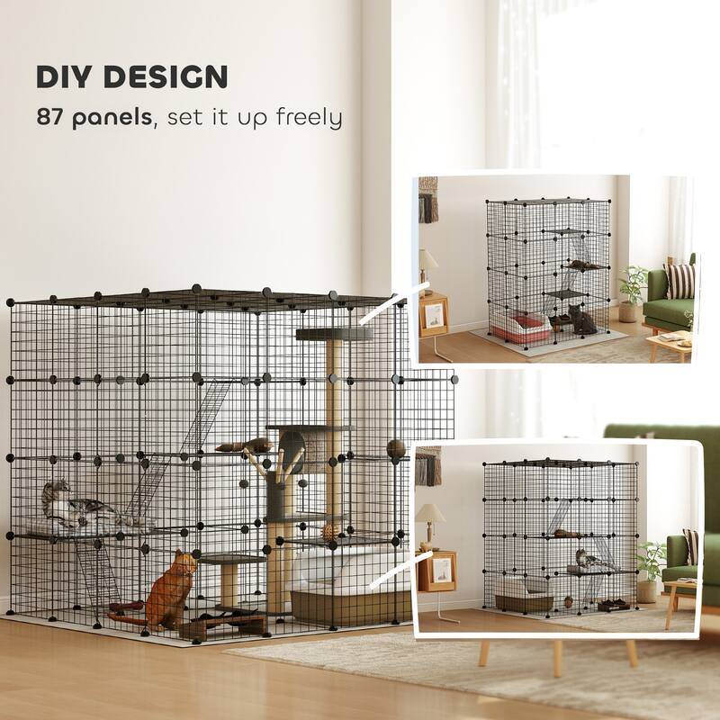 PawHut 4-Tier Large Cat Cage, 55" DIY Cat Playpen with Platforms, Ramps, Accessories, Detachable Metal Kitten Exercise Place