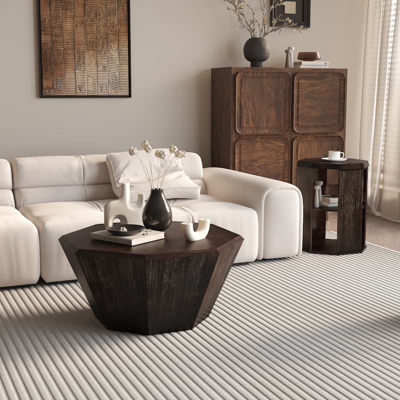 31.5" Octagonal Rubber wood Coffee Tables (Set of 2 Pieces)