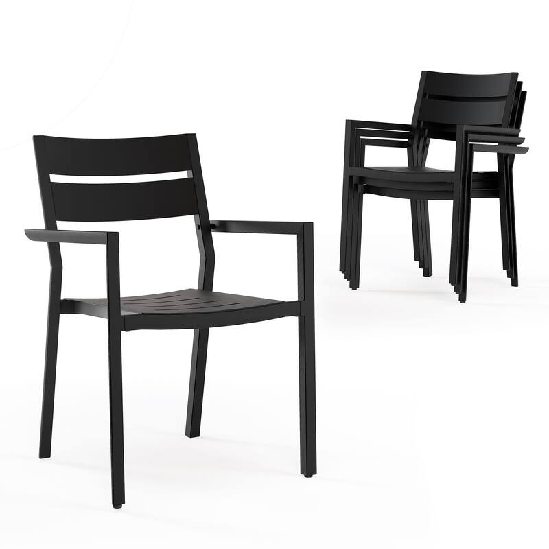 Outdoor Patio Dining Chairs Set Aluminum Stackable Armchair - N/A - Black-4PC