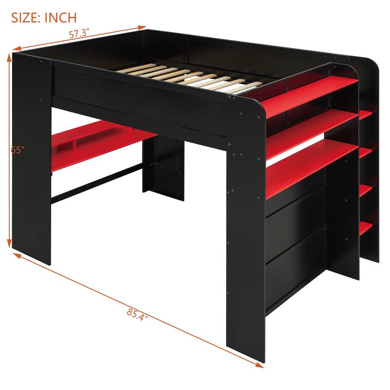 Roomfitters Full Size Loft Bed with Adjustable Desk, Wardrobe Storage, and RGB Lighting