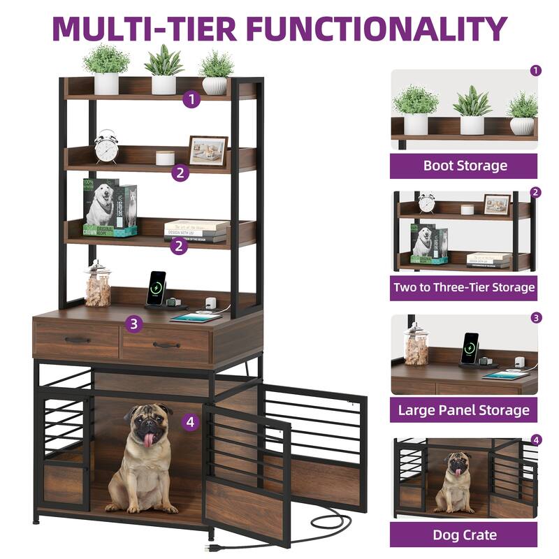 Dog Crate Furniture with Storage Shelves And Charging Station