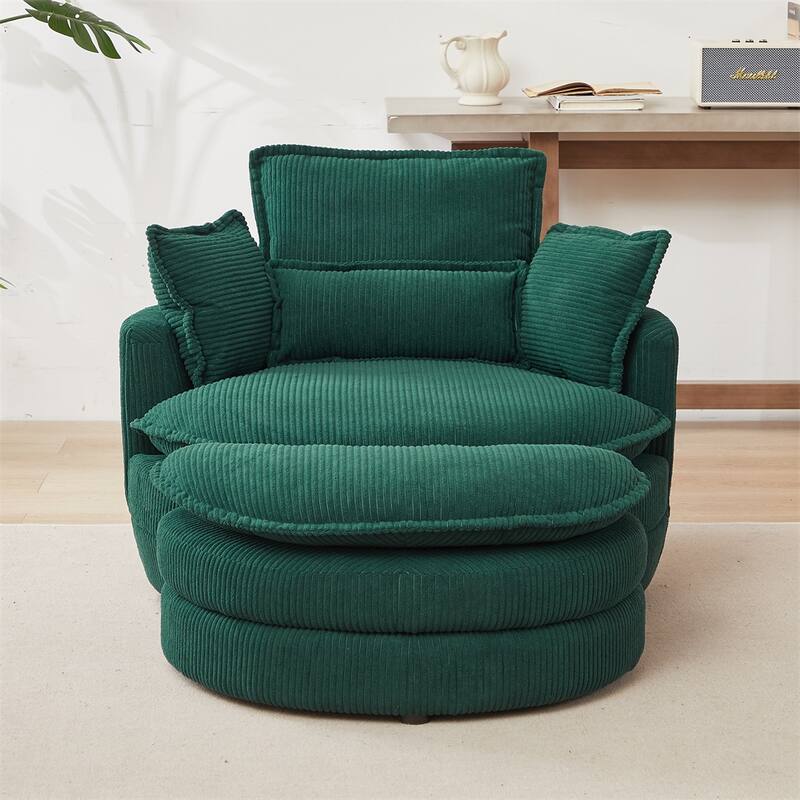 Oversized Swivel Chair with Moon Storage Ottoman with 4 Pillows - Green