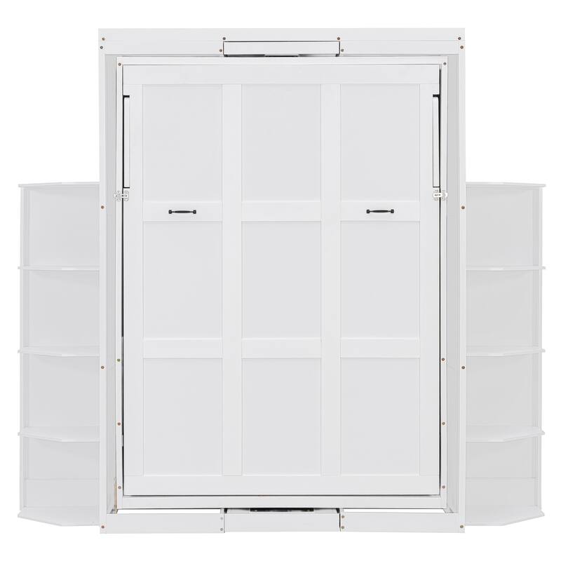 Rotating Queen Size Murphy Bed Foldable Bed Frame with Hidden Wall Cabinet, Side Shelves, Convertible Desk and Bookshelves