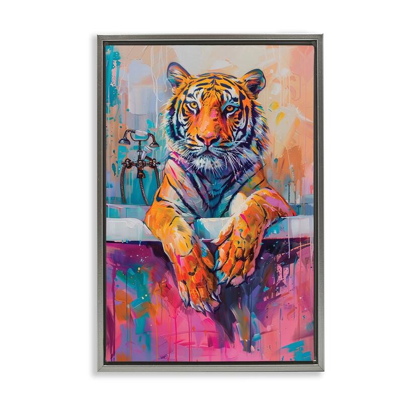 Stupell Bathing Tiger in Bright Tub Framed Floater Canvas Wall Art Design By LSR Design Studio - 17 x 25 - Grey