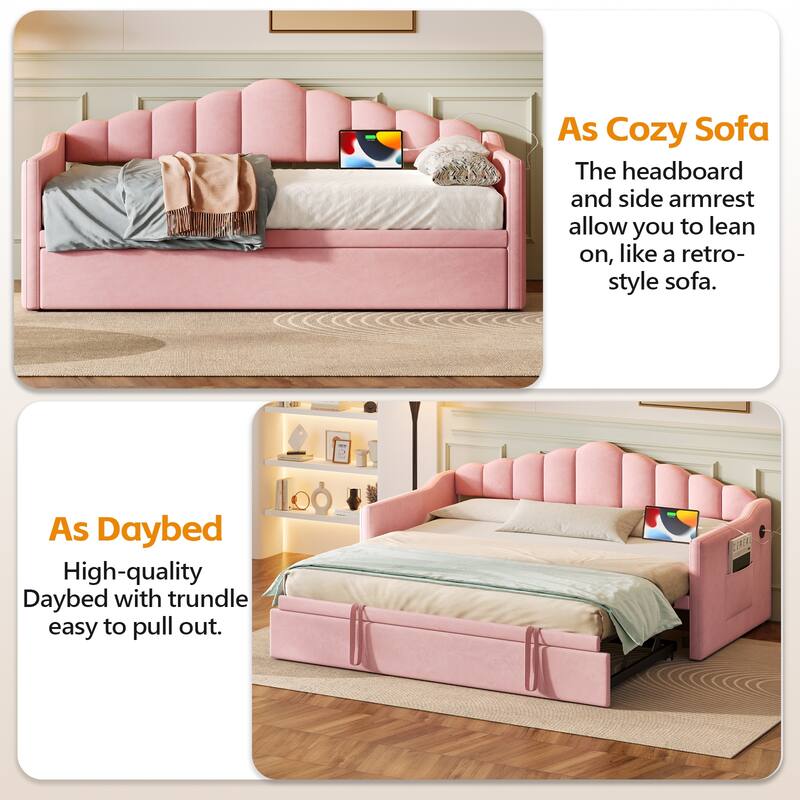 Twin Size Velvet Daybed with Adjustable Height Pop-Up Trundle, Charging Ports, and Storage Pockets