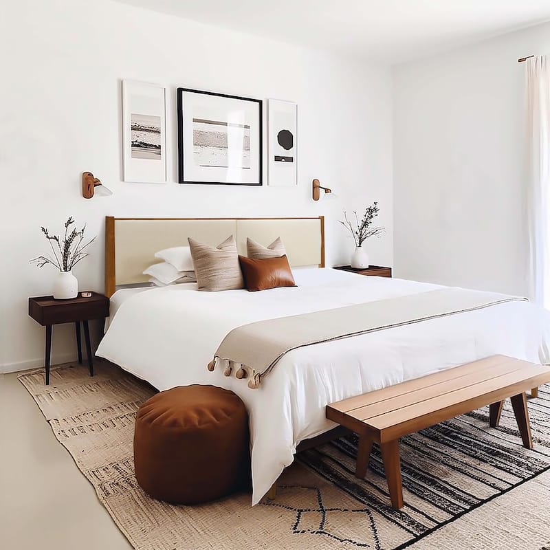 Beige Upholstered Headboard and Wood Frame Set, Queen or King