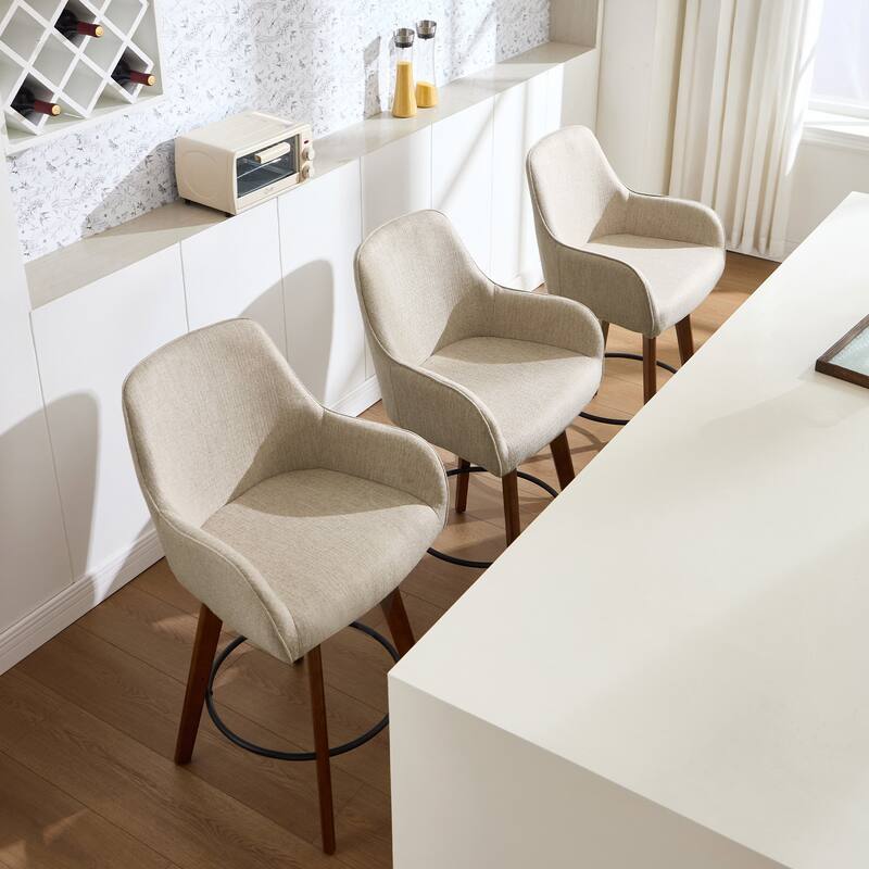 25 Inch Upholstered Swivel Counter Height Bar Stool with Armrests, Solid Wood Legs - 23.6"W x 22.4"D x 40.2"H