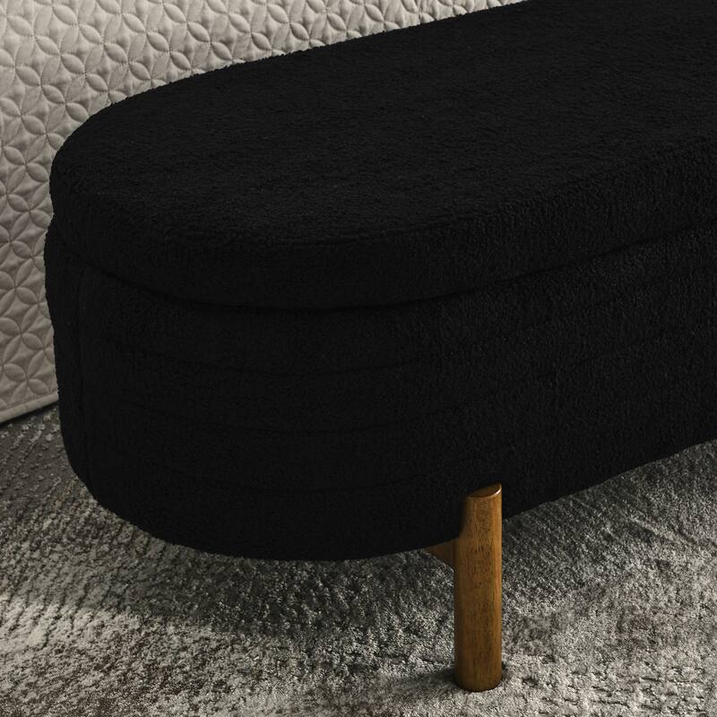 Small Ottoman Oval Storage Bench with Rubber Wood Leg Bedroom Upholstered Footstool Bench with Hidden Storage