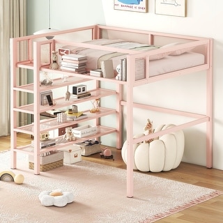 Full Size Metal Loft Bed with 4-Tier Shelves and Storage