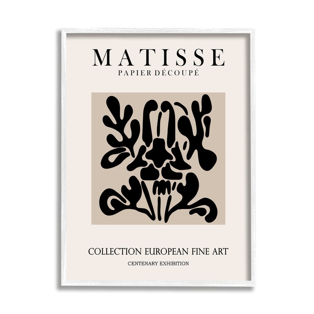 Stupell Abstract Contemporary Black Floral Design Matisse Typography Framed Wall Art - Off-White