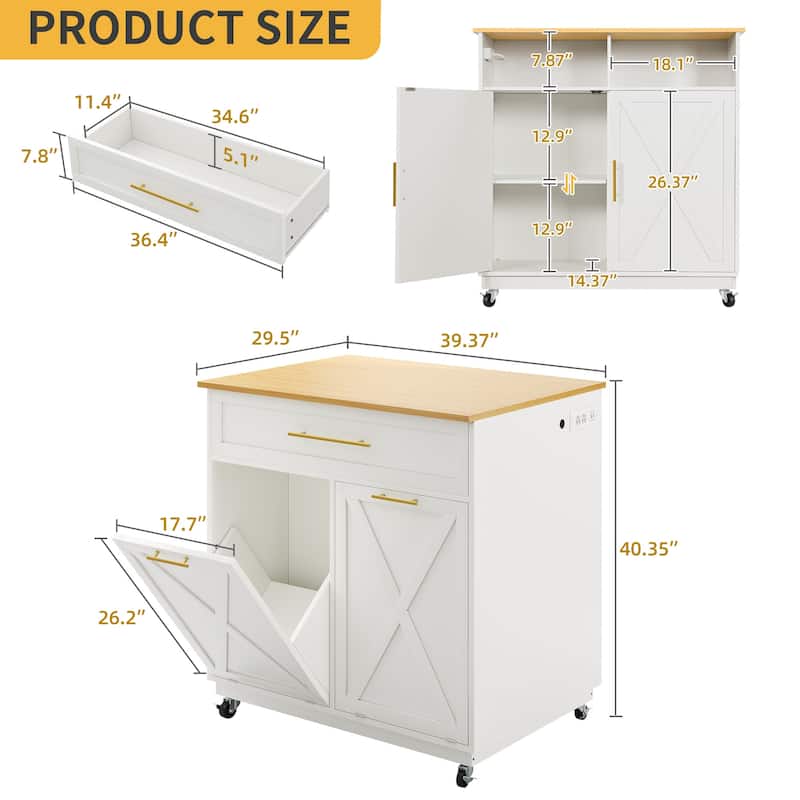 Moasis Rolling Kitchen Island Mobile Cart with Trash Can Storage Cabinet