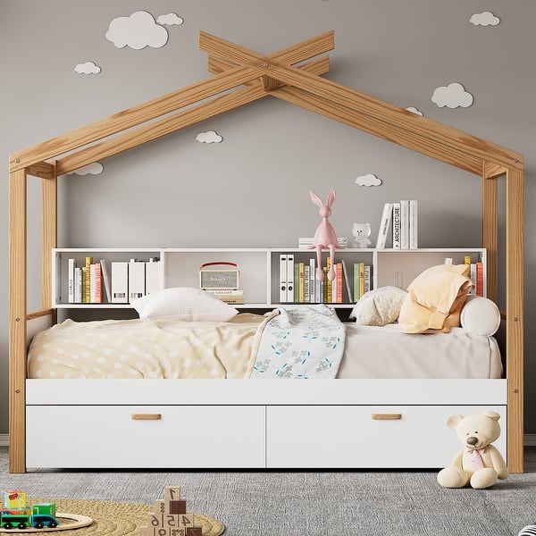 slide 2 of 8, Full Size House Bed Frame with Drawers & Bookshelf for Kids, Walnut + White Walnut + White
