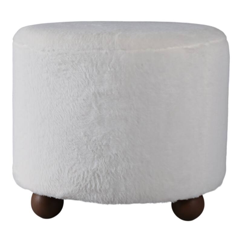 Wood Faux Fur Ottoman Ball Feet Luxury Pouf Footstool - 15" Ivory