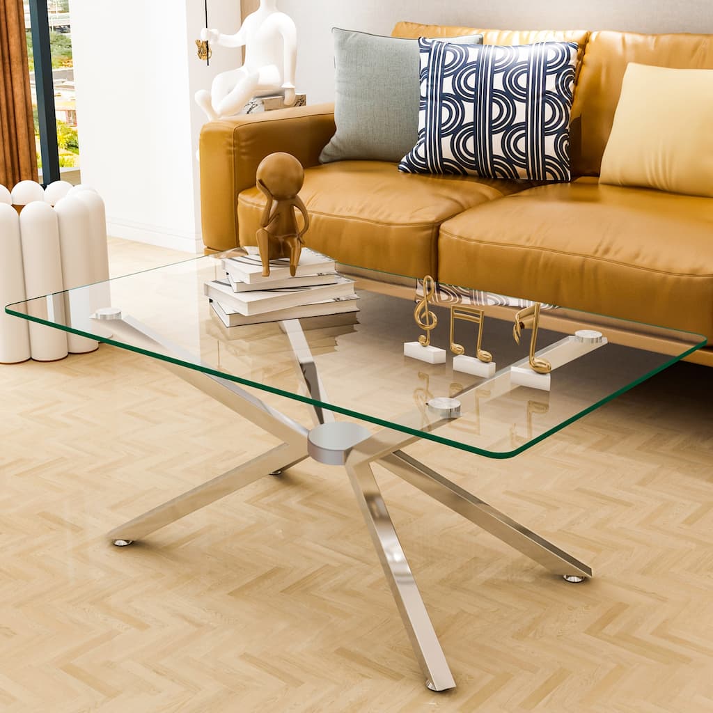 39.37" Rectangular Clear Tempered Glass Coffee Table,Stylish Design with silver Metal Legs, Coffee Table