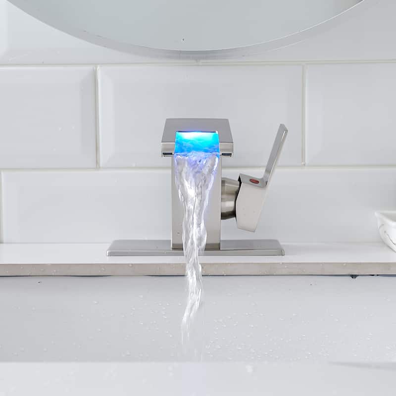 Bathroom Sink Faucet LED Light 3 Colors Changing Waterfall Glass Spout Hot Cold Water Mixer Single Handle One Hole