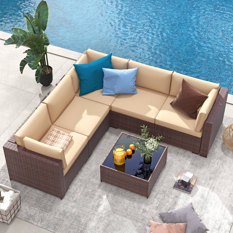 6-Piece Outdoor Wicker Sectional Sofa Set with Cushions - Beige