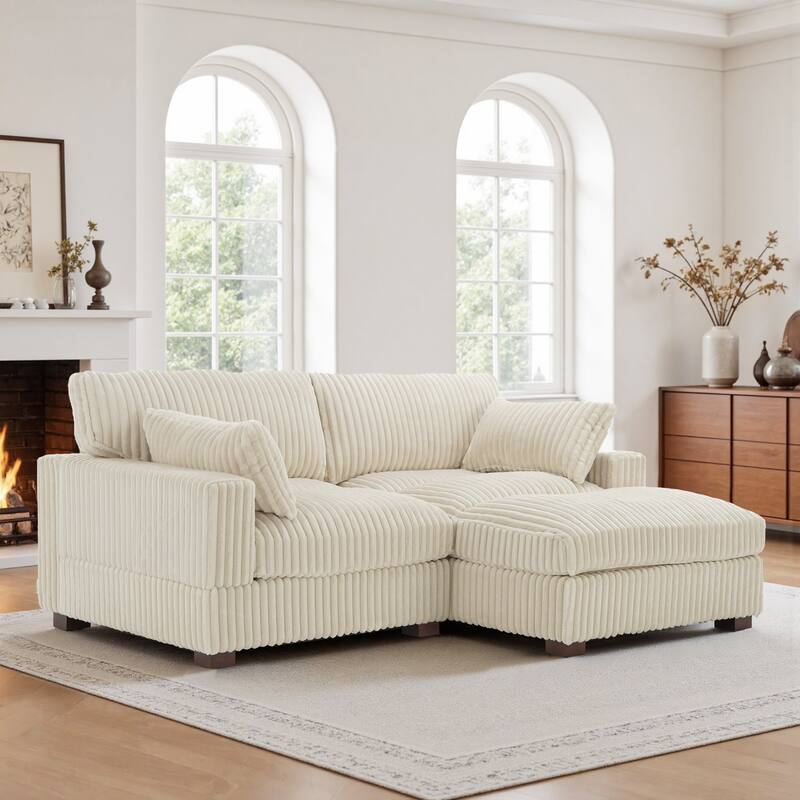 Plush Corduroy Upholstered Modular Sectional Sofa with Chaise - Right Facing - White-2 Pieces