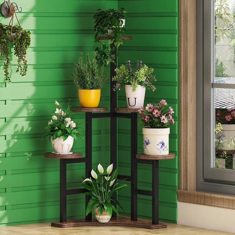 Black-Brown Metal Particleboard 6-Tier Plant Shelf with Round Trays - 17.72” x 17.72” x 43.7” - Black-Brown