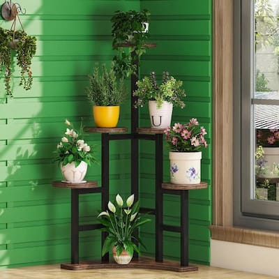 Black-Brown Metal Particleboard 6-Tier Plant Shelf with Round Trays - 17.72” x 17.72” x 43.7”