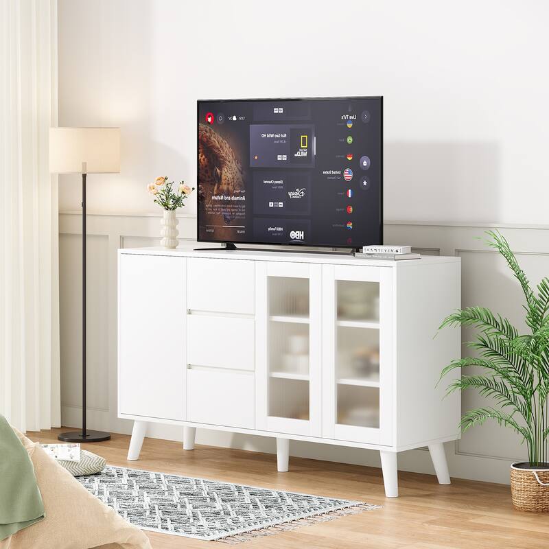 Farmhouse Buffet Cabinet, 55.5" Coffee Bar with 3 Drawers and Pop-Up Doors, Large Rustic Sideboard for Dining Room