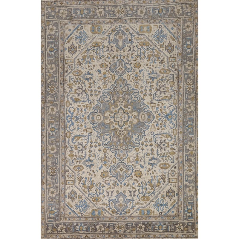 Hand Knotted Oriental 100% Wool Carpet Traditional Floral Beige & Ivories Tabriz Area Rug - 9' 7'' X 6' 6''