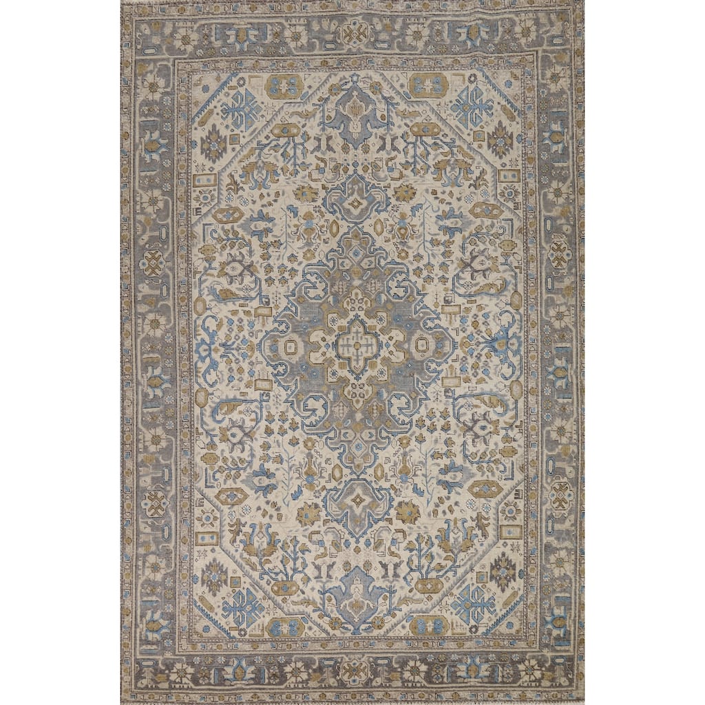 Hand Knotted Oriental 100% Wool Carpet Traditional Floral Beige & Ivories Tabriz Area Rug - 9' 7'' X 6' 6''
