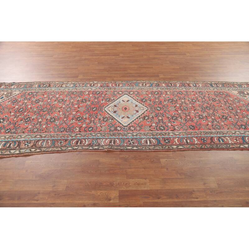 Geometric Hamedan Persian Vintage Runner Rug Hand-Knotted Wool Carpet - 3'7" x 10'3"
