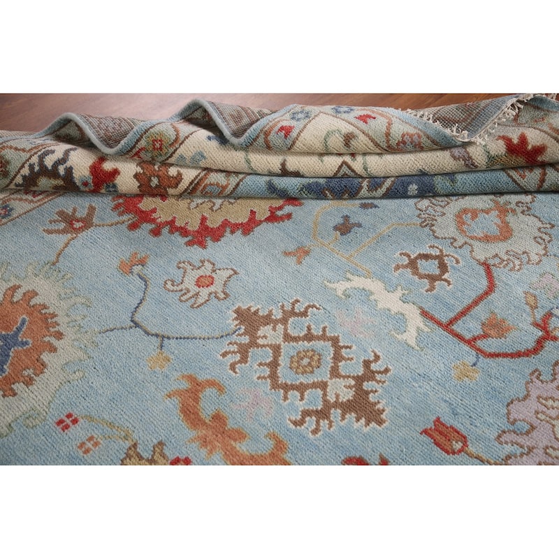 Light Blue Floral Oushak Area Rug Hand-Knotted Wool Carpet - 8'0"x 9'8"