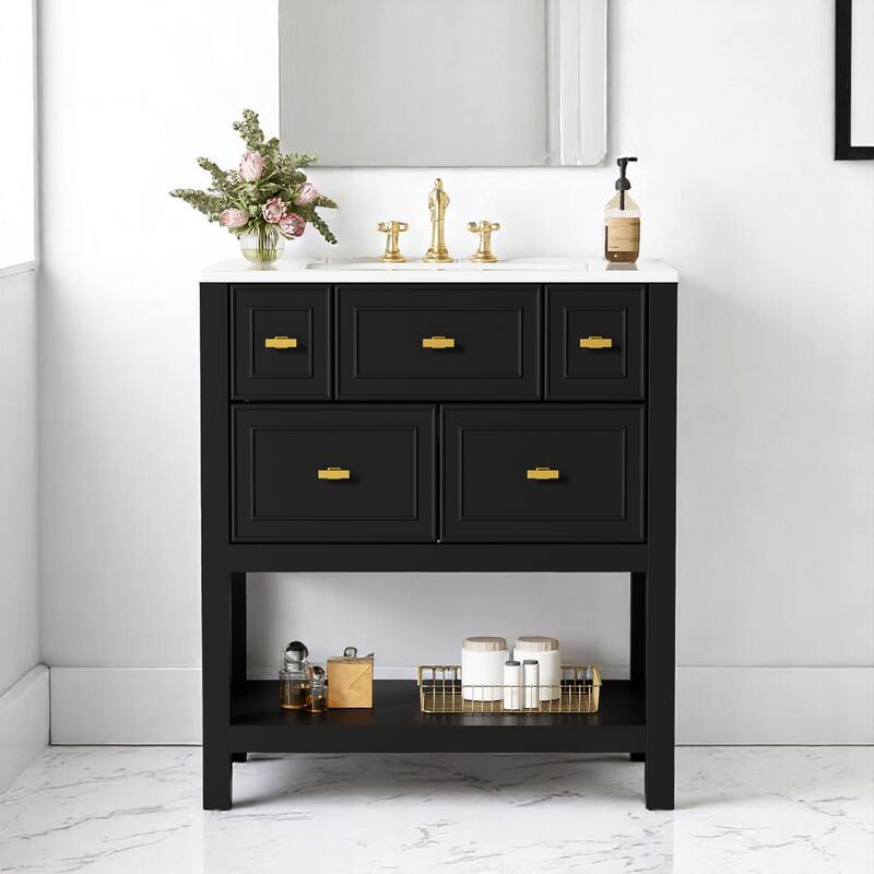 30 Inch Freestanding Bathroom Vanity with Ceramic Top, 5 Storage Drawers, MDF Cabinet and Gold Hardware - Black
