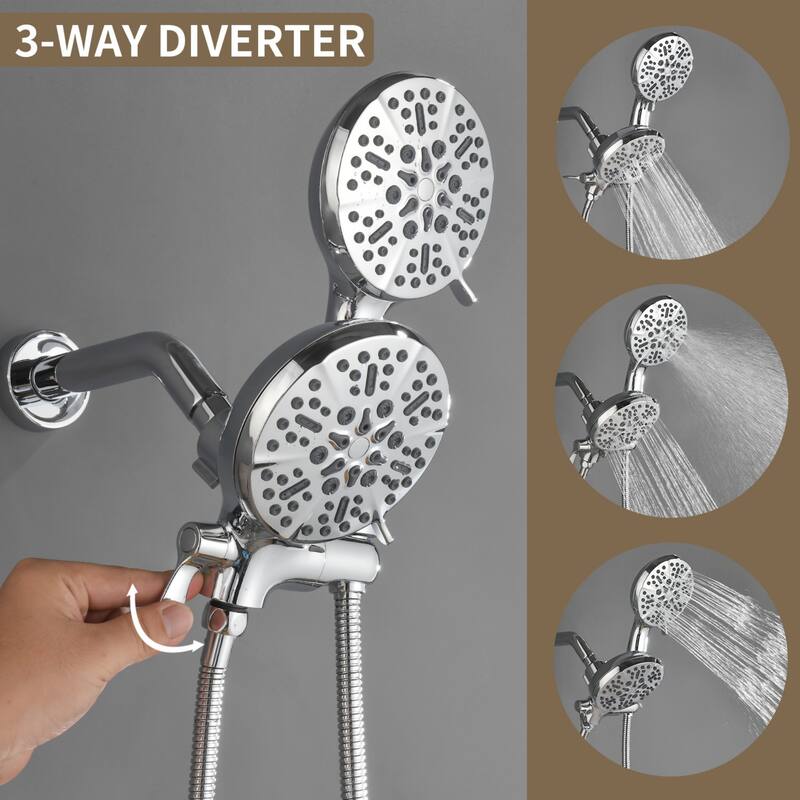 Modland 3-Handle Tub and Shower Faucet Set Dual Head 7-Spray Brass Valve Kit with Alloy Spout