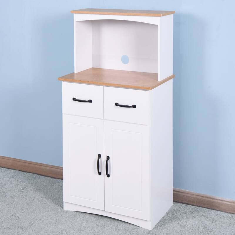 White Wooden Kitchen Pantry Cabinet with Microwave Shelf, Drawer and Closed Cabinets, Pantry Room Storage Microwave Cabinet