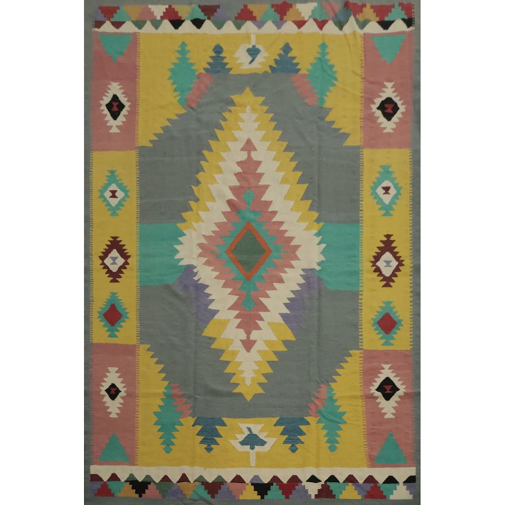 Hand Woven Oriental 100% Wool Carpet Southwestern Tribal Greys & Charcoal Kilim Area Rug - 11' 10'' X 8' 10''