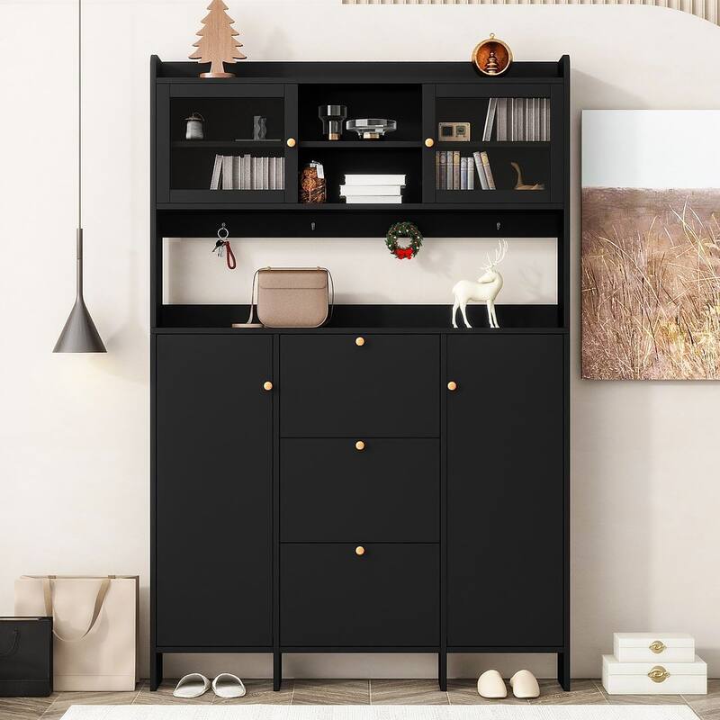 Hall Tree and Shoe Storage Bench with Flip Drawers and Doors