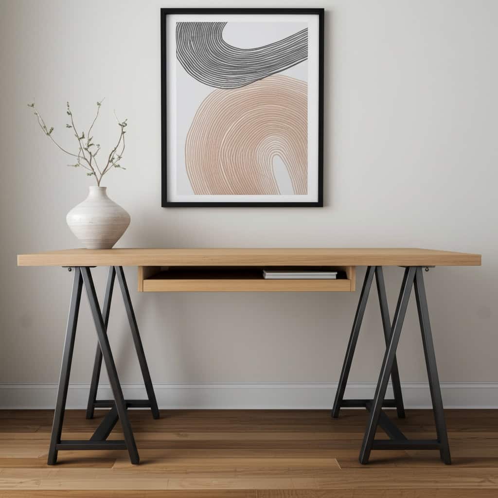HomeRoots 60" Natural and Black Solid Wood and Metal Trestle Executive Desk