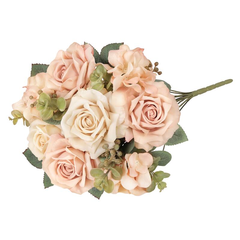 Set of 2 Champagne Peach Artificial Mixed Rose Hydrangea Flower Stem Bush Bouquet 19in - 19" L x 12" W x 12" DP