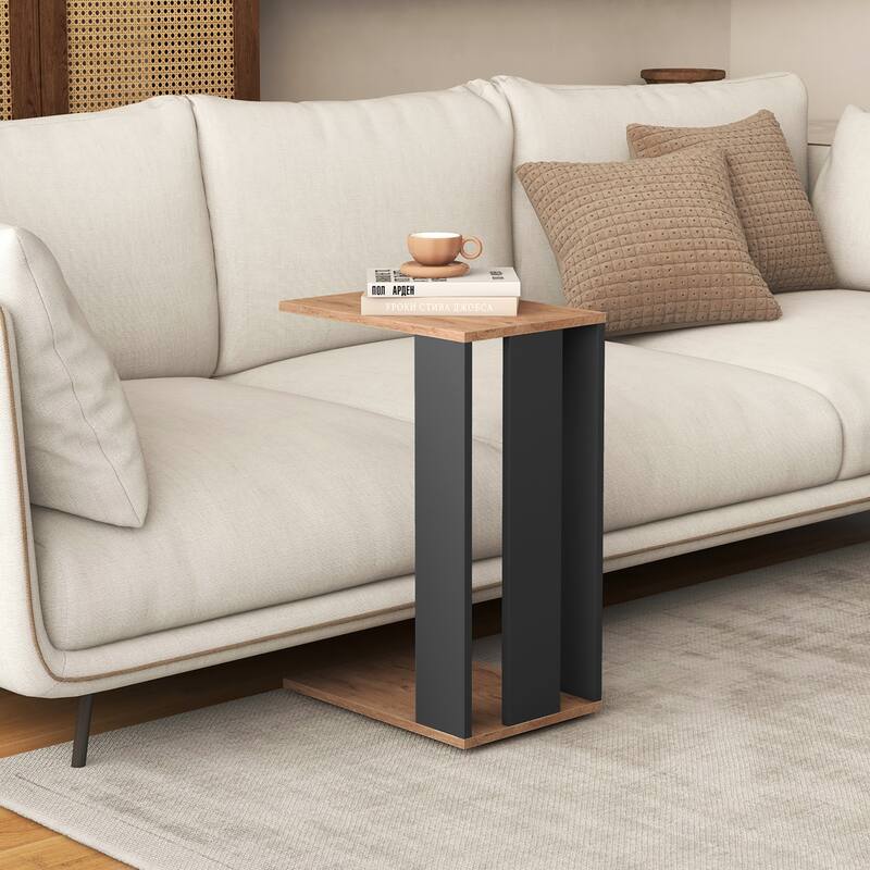 Gymax 2-Tier C Shaped Side Table w/ Universal Wheels & Shelf for Small