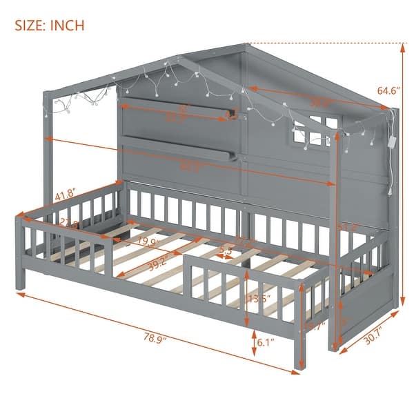 Twin Size House Bed with Shelves, Gray Wood Platform Bed with Window & Sparkling Light Strip on The Roof, No Box Spring Needed